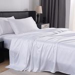 MISERRO Twin Sheets - 100% Sateen Bed Sheets Set - 3pc Silk Like Cooling Sheets for Twin Size Bed - 18" Deep Pocket (Twin, White)