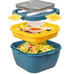 Greentainer Lunch Box Leak-Proof Bento Box with 1 Fork, Salad Container with Dressing Container, 3 Compartments Salad Box-to-Go for School, Work, Picnic, Travel, Camping (Light Blue, 1700 ml)