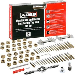 ARES 10079-76-Piece Master Ratcheting Tap and Die Set – Metric and SAE Sizes for Creating and Repairing Screw Threads – Titanium Coated Finish - Reversible Ratchet Makes Turning Threads Simple