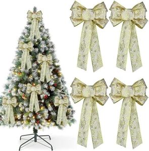 YankMooM 4Pcs Christmas Bows, Glitter Wreaths Bows 31x19cm Gold Christmas Tree Decoration Bows Xmas Decorative Bows with Snowflake Pattern for Christmas Home Party Decorations