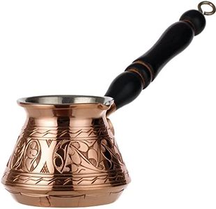 DEMMEX 2019-9 Oz Thick 2mm Copper Turkish Greek Arabic Engraved Coffee Pot Stovetop Coffee Maker Cezve Ibrik Briki with Wooden Handle & Wooden Pot Spoon, for 3 People Copper
