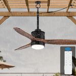 EKIZNSN 32“ Wet Rated Ceiling Fans with Lights Outdoor Hanging for Gazebo Waterproof, DC Motor w 3 Reversible Walnut Wood Blades