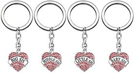 4pcs Women Girl Gift Big Middle Little Baby Sister Love Heart Pendant Key Chain Ring Set Family Jewelry (Pink)