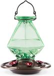 Auslar Hummingbird Feeder, Green Glass Hummingbird Feeders for Outdoors Hanging, 5 Simulation Flowers Feeding Ports, 23 Ounces, Rustproof, Leakproof, Geometric Line Shapes