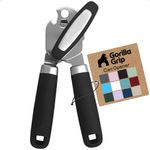 GORILLA GRIP Heavy Duty Handheld Manual Can Opener, Stainless Steel Bottle Lid Openers, Easily Open Cans, Sharp Blade Smooth Edge Cut, Easy Turn Knob for Senior Arthritis Hands, Kitchen Gadgets, Black