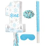 Boys 1st Birthday Piñata Winter Onederland Piñata Blue Silver Snowflake Piñata with Stick Blindfold Mask Confetti for Boys First Birthday Baby Shower Party Game Supplies Decor (boys, Number 1)