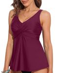 Charmo Tankini Swim Top for Women V Neck Twist Front Bathing Suit Push Up Swimming Costume Top Only Wine Red 2XL