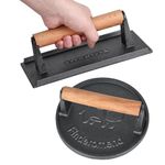 Finderomend 2 Pack Hamburger Press,Cast Iron Grill Press,Heavy Duty Smash Meat,Bacon,Steak & Burger Press with Wooden Handle for Blackstone Pitboss Weber Treager Griddle (Round & Rectangular)