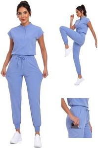 VECARDI Women's Scrub Jogger Pants High Waisted Stretch Nurse Work Bottoms 5 Pockets Elastic Waist Slim Fit Ceil Blue