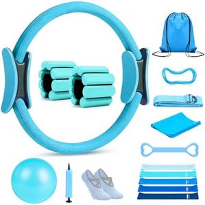 Kanonmaori Pilates Ring Set 15 PCS, Home Pilates Essentials Kit for Women, 12" Pilates Ring and 9" Ball Set, Pilates Kit with Ankle Weights 2LB, Resistance Bands, for Toning & Better Me Gifts(Blue)