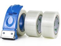 BOMEI PACK Strapping Tape 2Inch with Dispenser, Mono Fiberglass Reinforced Packing Tape with String for Shipping, 3Rolls x 5.5Mil x 35Yds, Total 105Yds