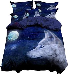Funda nórdica 3D Animal Lobo Patrón Poliéster Microfibra Juego de Cama de Funda de edredón (Azul Oscuro, 220×220cm (para Cama de 135))
