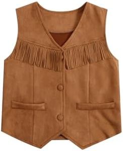 BEAUDRM Girl's Tassels Sleeveless Vest Cowgirl Vests 70s Hippie Faux Suede Boho Fringe Jacket Cardigan Solid Brown 8Y