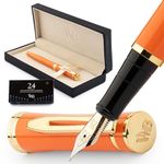 Wordsworth & Black Fountain Pen Set, 18K Gilded Medium Nib, Includes 24 Pack Ink Cartridges, Ink Refill Converter & Gift Box, Gold Finish, Calligraphy, [Orange], Perfect for Men & Women