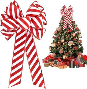 TONIFUL 12x20 Inch Red and White Striped Christmas Bow Christmas Decoration for Tree Topper and Front Door, Gift Wrapping Accessories, Wreath Decor, Wedding Valentines Decoration Supplies