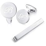 HONEY BEAR Initial Alphabet Letter Cufflinks Tie Clip Set for Mens - Round Stainless Steel, for Business Wedding Gift,Brushed Silver (B)