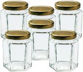 Offer Shop Glass Jam Jars Set of 6 Mason Glass Jars with Gold Lids - 280ml / 9oz Hexagonal Jars of Screw Top Lid to Preserve Jam Spices Sweets