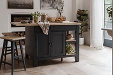 Florence Kitchen Island With Cupboard 2 Drawers and Shelves | Large Navy Blue Breakfast Bar Island W150cm, H91cm, D90cm with Chopping Board & Wooden Drawer Utensils Organiser