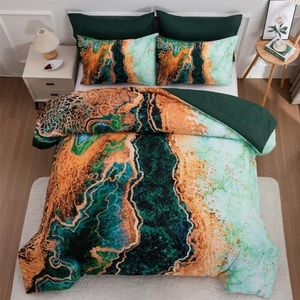 A Nice Night Marble Like Burning Mountain Printed Bedding Set,Retro Style Watercolor Artwork Design,Ultra Soft Comforter Set (Green, King(88-by-102-inches))