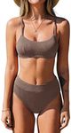 CUPSHE Women's Bikini Set Two Piece Swimsuit High Waisted Scoop Neck Swimwear, Chocolate Brown, X-Large