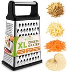 Professional Cheese Grater - Stainless Steel, XL Size, 4 Sides - Perfect Box Grater for Parmesan Cheese, Vegetables, Ginger - Dishwasher Safe - Black