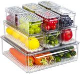 10 Pack Fridge Organizer Bins, Clear Stackable Refrigerator Storage with Lids and Removable Drain Tray, Pantry Storage Containers for Fruit, Food, Vegetable, BPA-Free