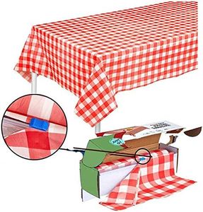 Red Gingham Checkered Table Cloth - Self Cutter Picnic Durable Table Cover Plastic, Tablecloth Rectangle Roll 54 Inch X 100 Feet | Water Resistant Thin Disposable Outdoor Tablecloth