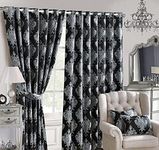 SPL Luxury Jacquard Curtain Pair Fully Lined Ring Top Eyelet with Tiebacks (Black, 90x90)