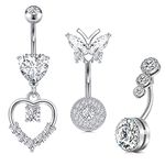 AceFun Belly Bars Silver Dangle Heart Surgical Steel Butterfly Belly Button Ring Crystal Belly Piercing Jewelry 14G 1.6mm 10mm