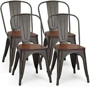 COSTWAY Lot 4 Chaises Salle à Manger Tolix Empilable Industriel en Acier, Siège en Bois d'Orme 2 CM, Chaise Industrielle Charge 120kg pour Bistrot, Cuisine, Bar, Café, 52 x 42 x 84cm (Marron)