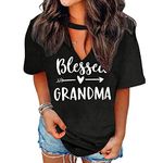 Blessed Grandma Shirt Funny Cute Graphic Tees Women Letter Print T-Shirt Casual Short Sleeve Tops, Black 1, Medium