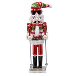 Ornativity Christmas Skier Man Nutcracker – Red and Green Wooden Nutcracker Guy with Ugly Sweater and Ski Sticks in Skiing Pose Xmas Themed Holiday Nut Cracker Doll Figure Decorations 15"