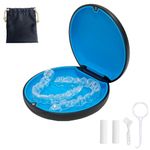 Retainer Case,Cute Slim Aligner Case Compatible with Invisalign,Retainer Holder with Aligner Remover Tool, Chew & Brush,Rope Bag (Black Outside Blue Silicone)