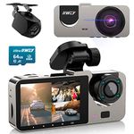 IIWEY Dash Cam Front and Rear Inside 3 Channel, Free 64GB TF Card, Enhanced 4 IR Lamps, Three Way Car Cam with Night Vision, 2.5 Inch LCD, 24H Parking Monitor, G-Sensor, Loop Recording, USB C