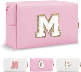 Personalized Initial A-Z Preppy Patch Makeup Bag,Small PU Chenille Letter Cosmetic Bag with Zipper for Teen Girls,Pink Cute Toiletry Organizer Bag,Monogram Makeup Case Gift for Women Girls,Letter M