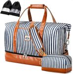 Lekesky Weekend Travel Bags for Women - 50l Foldable Overnight Bag with Shoes Bags & Toiletry Bag & Shoes Compartment, Travel Holdall Bag for Airlines, Maternity Hospital Bag (Striped,50.8*28.4*33cm)