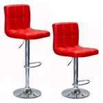 ViscoLogic Barstool Series Liberty Adjustable Height Bar Stool Chair with Back, Quilted Leatherette, 360 Swivel, Tall Counter Height, 24 to 33 inch with Chrome Pole and Base, Set of 2 (Red)