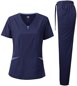 Dagacci Medical Uniform Women's Scrubs Set 4-Way Stretch Split Contrast Net and Pocket (Small, Navy)