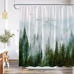 Misty Forest Natural Mountain Fall Bird Shower Curtain Tree Foggy Cool Nature Scenery Dream Landscape Decor Fabric Bathroom Set with Hook 70x70 Inch Green