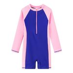 LIBREDGE Girls Rash Guard Long Sleeve One Piece Swimsuits Zipper Bathing Suits UPF 50+ Sun Protection(7-8Y) Dark Blue,Pink