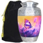 M MEILINXU Purple Butterfly and Lavender Large Urn, Funeral Cremation Urns for Human Ashes Adult, Butterflies Decorative Urn, Display at Home or Niche at Columbarium, Engraved Lid for Male & Female