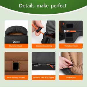 QEZER XXL Down Sleeping Bag – 230x100cm, 1300g, Black, 3-4 Season Lightweight for Adults Camping
