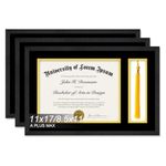 11x17 Diploma Frame with Tassel Holder, Display 8.5 x 11 Certificate with Black & Gold Mat, Engineered Wood Document Frame with Black Wood Grain for Masters Associates Bachelor Degree - 3 Packs