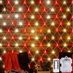 Battery Operated Net Lights, 100 LED Net Fairy Lights 8 Modes Remote Timer Dimmable Garden Patio Mesh Lighting for Bush Deck Fence Wall Party Wedding Christmas (4.9ft x 4.9ft,Christmas Red & White)