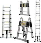 Ladders Telescoping Ladder 16.5 FT Dual Purpose Aluminum Telescopic Ladder with Ladder Stabilizer Adjustable Compact Step Climb Ladder for Household or RV Outdoor Work, 330lb Load Capacity(2.5M+2.5M)