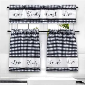 Farmlyn Creek 3 Piece Kitchen Curtains and Valances Set for Windows, Love Family, Laugh, Live (Black and White)