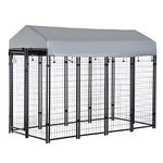 PawHut Outdoor Dog Kennel, Lockable Pet Playpen Crate, Welded Wire Steel Fence, with Water-, UV-Resistant Canopy, Door, 8ft x 4ft x 6ft, Grey