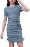 OYOANGLE Girl's Textured Drawstring Side Ruched Short Sleeve Bodycon Pencil Short Dress Blue 10Y