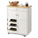 GiantexUK Kitchen Storage Trolley on Wheels, Rolling Serving Island Cart with Drawer and Wine Racks, Wooden Storage Display Cabinet for Dining Room Restaurant & Bar (Natural + White)