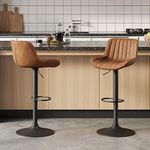 Volans Bar Stools Set of 2, Mid Century Modern Faux Leather Swivel Adjustable Height Bar Stool, Counter Height Pub Bar Chair with Back, Black Powder Coated Base, Yellow Brown